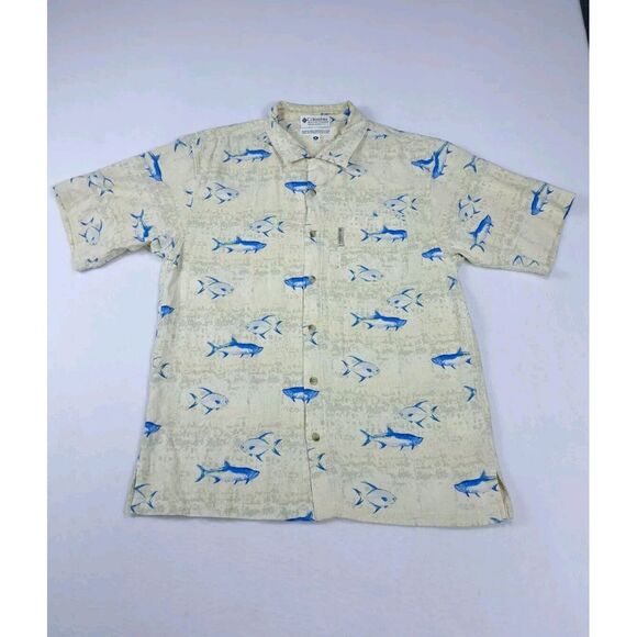 Columbia Shirt Mens Medium Multicolor Fish Print Silk‎ Fishing Hawaiian Camp - Picture 1 of 11